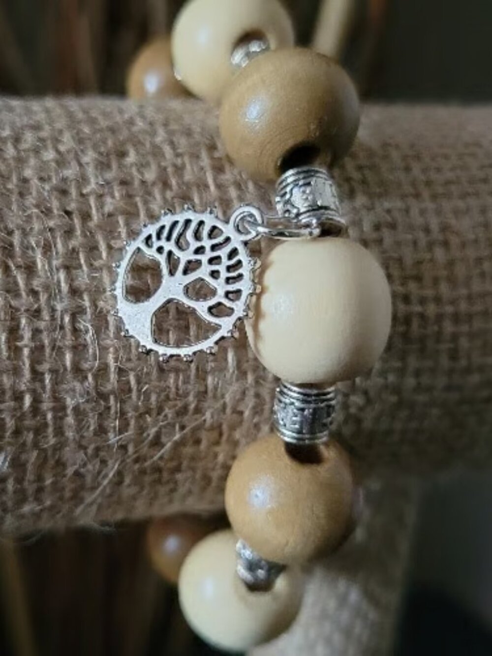 Wooden Bead Bracelet with Leaf Charm